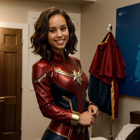 Alicia Keys dressed as captain marvel sexy and smiling