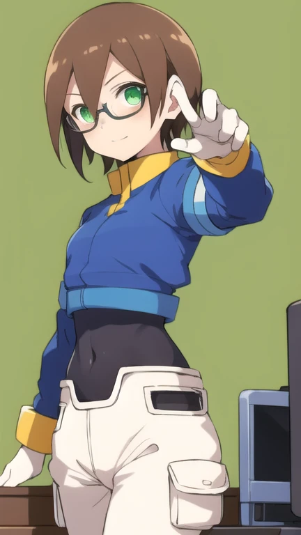 Aile_megamanzx, 1 girl, looking at viewer, Brown hair, green eyes ,bedroom background , Glasses, Cashier Oxxo clothes 