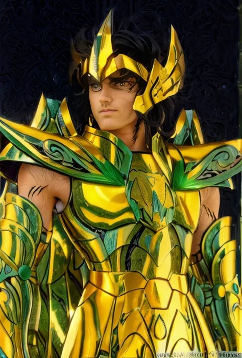 (masterpiece, best quality:1.2, UHD, 4k, masterpiece, photo realistic, insane details, ultra realistic, nobel photography), a saint seiya saint, beautiful  boy,with ultra beautiful and decoured full armour, full made of black metal, ((black color armour)),...