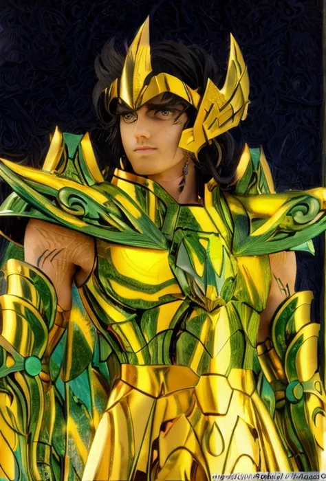 (masterpiece, best quality:1.2, UHD, 4k, masterpiece, photo realistic, insane details, ultra realistic, nobel photography), a saint seiya saint, beautiful  boy,with ultra beautiful and decoured full armour, full made of black metal, ((black color armour)),...