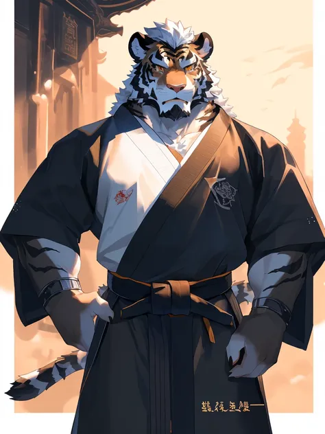 (white skintiger),(上half body赤膊:1.7),(martial arts衣服:1.4),(holding a long sword),(great gesture),stand calmly,(the background is...