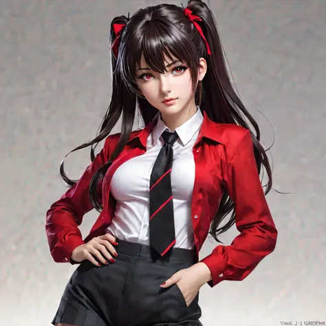 anime girl in red shirt and black tie posing for a picture, by Yang J, extremely detailed artgerm, rin tohsaka, artgerm jsc, artwork in the style of guweiz, beautiful digital artwork, artgerm. high detail, range murata and artgerm, style artgerm, ig model ...