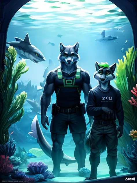 ,standing in front of a tank full of fish and one shark, (((2 people who are Danny a grey, black, and white anthropomorphic male wolf in the aquarium with a lot of fish and a shark standing next to Cerberus who is a Cerberus a three-headed wolf with bright...