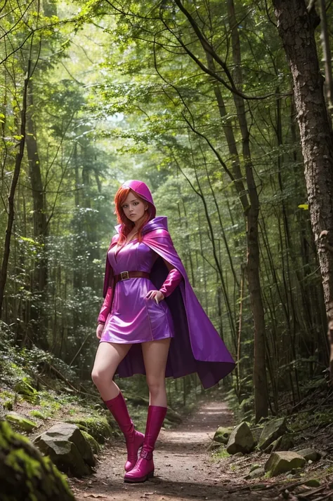 UHD 8K scene, hyper-real photo quality, beautiful young woman, red hair, bright blue eyes, short Glossy enamel pink dress with thief outfit, purple hooded cape, character Sheila from Dungeons and Dragons, in the middle of a forest