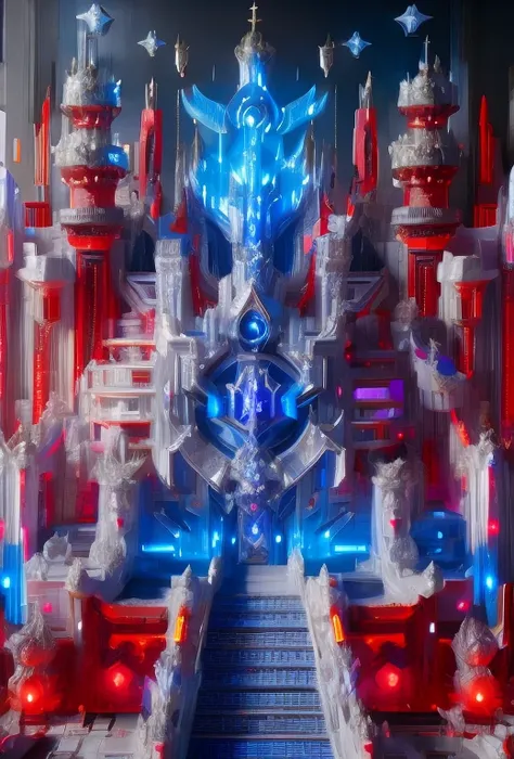 palacess, cyberpunked palace skycraper fortress,holy swords themed decourations, aggressive  design, blue and red colors, black ...