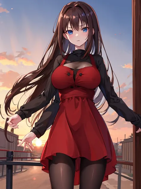 masutepiece, best quality, hight resolution, nffsw, long hair, brown hair, black shirt, red dress, long sleeves, black pantyhose...