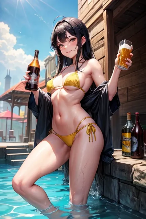 Draw Suzy, an anime-style female character with long straight black hair, thin black eyebrows, and brown eyes.  small breasts, thin waist, big perky ass, thick thighs.  she is wearing sexy medieval armor.  She is in the pool with water up to her waist wear...