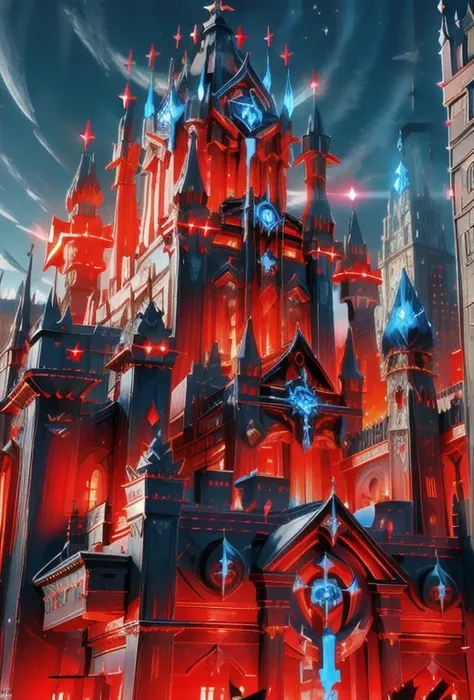 palacess, cyberpunked palace skycraper fortress,holy swords themed decourations, aggressive  design, blue and red colors, black ...