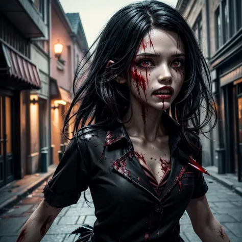 Masterpiece, best quality, 8K Wallpaper, HDR, octane rendering. A zombie girl, walking down the street, (dark street with pools of blood), is wearing (school uniform, tearing uniform, torn: 1.3), detailed scenery, the zombie girl has (Messy hair, shiny bla...