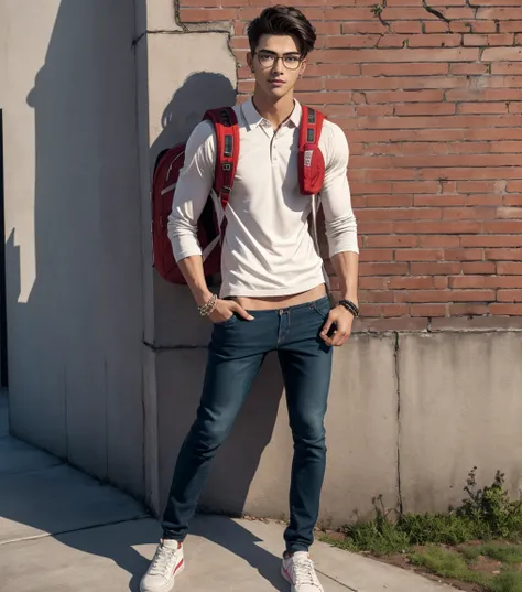 HD quality, high definition, a male college student 20 years old handsome, muscular and slim, red lips, leaning against wall inside campus, ((exposed vagina)) , wearing open unbottoned longsleeves polo, model with bracelets, earrings, with eye glasses, ful...