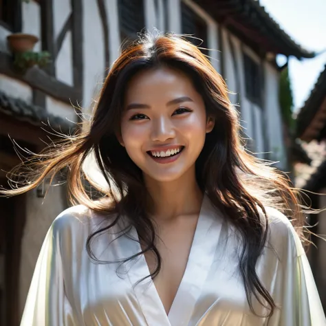 A divine Asian spirit, Malaysian woman, age 25, ankle length hair, white billowing silken robes with platinum trim, glowing eyes, and a unholy aura, she is laughing cruelly, she floats above a corrupt magic circle in a medieval European village, black serp...