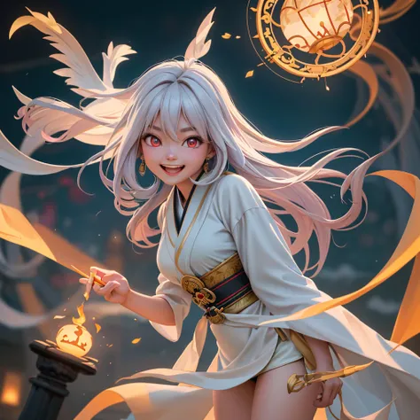 A divine Asian spirit, Malaysian woman, age 25, ankle length hair, white billowing silken robes with platinum trim, glowing eyes, and a unholy aura, she is laughing cruelly, she floats above a corrupt magic circle in a medieval European village, black serp...