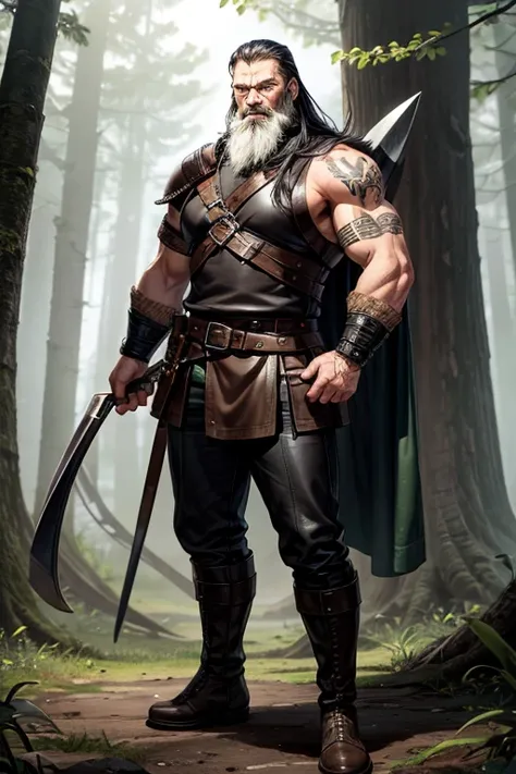 Viking, man in his 50s, black hair with beard, green eyes, leather Viking clothing, brown boots, leather belt, black leather pants, stocky build, muscular tattoos, Vikings, background of a forest