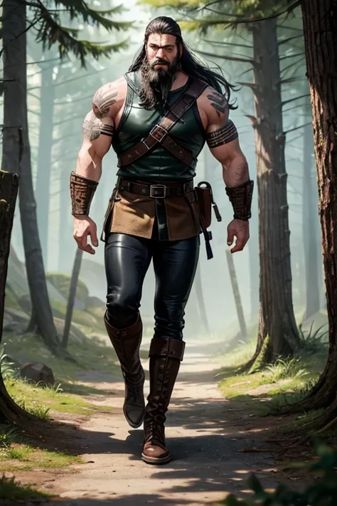 Viking, man in his 50s, black hair with beard, green eyes, leather Viking clothing, brown boots, leather belt, black leather pants, stocky build, muscular tattoos, Vikings, background of a forest