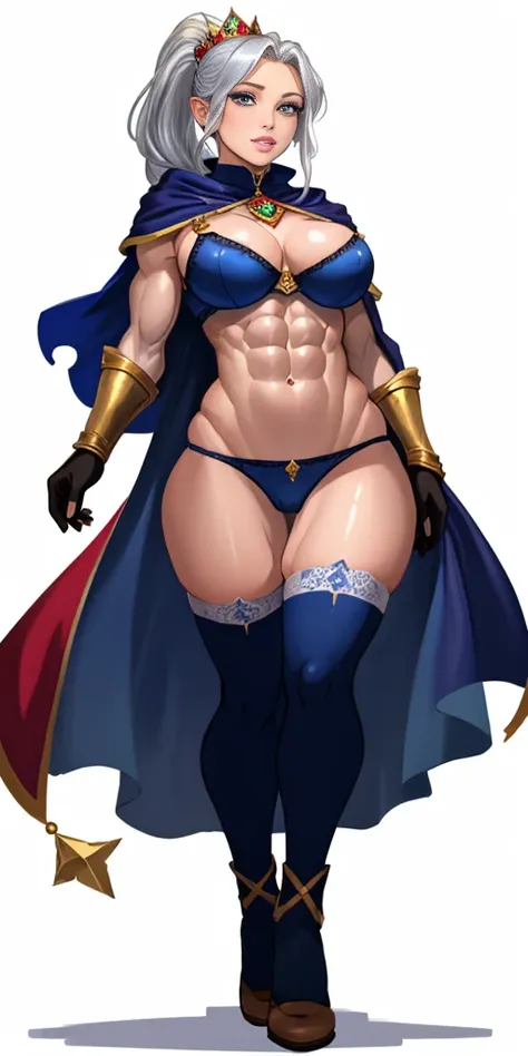 ((masterpiece, white background:1.2)) full body of a woman, standing feet together, extremely long hair, ponytail, perfect anatomy 1sologirl, tall slim thick ((muscular)) high elf toned body, silver breast plate, blue cape, slender abs, hourglass waist, de...