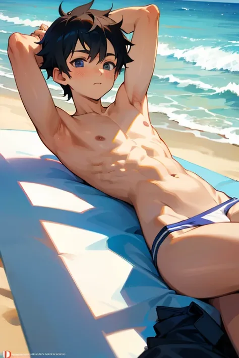 A boy at a beach no shirt showing armpit only wearing an underwear