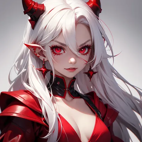 Demoing girl with a red dress white hair red eyes a devilish smile with a red scar on her face pointy ears and a lot of black and red piercings 