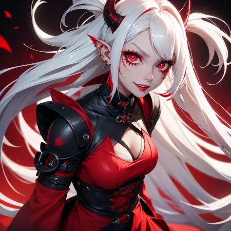 Demoing girl with a red dress white hair red eyes a devilish smile with a red scar on her face pointy ears and a lot of black and red piercings 