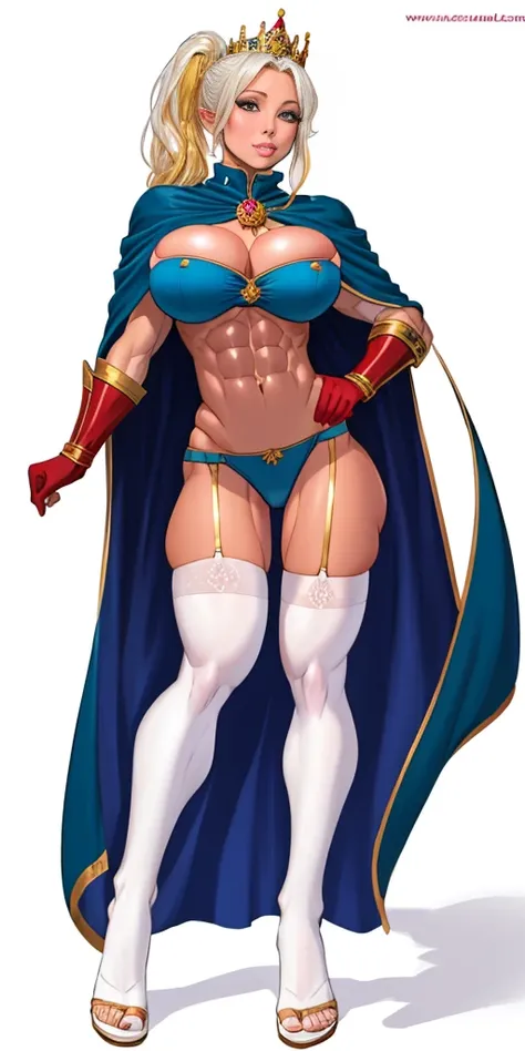 ((masterpiece, white background:1.2)) full body of a woman, standing feet together, extremely long hair, ponytail, perfect anatomy 1sologirl, tall slim thick ((muscular)) high elf toned body, silver breast plate, blue cape, slender abs, hourglass waist, de...