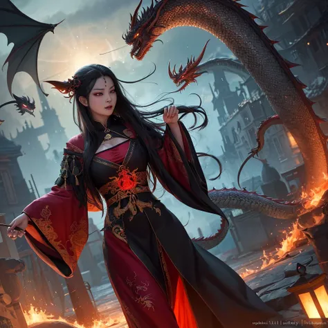 A witchy Asian spirit, Malaysian woman, age 25, ankle length hair, corrupt billowing silken robes (intricate evil embroidery, dragon motif) with blood red trim (very sexy and revealing but still enough is covered to be SFW) , glowing eyes, and a unholy aur...