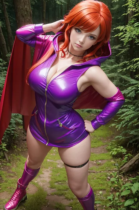 UHD 8K scene, hyper-real photo quality, beautiful young woman, red hair, bright blue eyes, short Glossy enamel pink dress with thief outfit, purple hooded cape, character Sheila from Dungeons and Dragons, in the middle of a forest