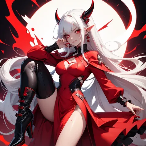 Demoing girl with a red dress white hair red eyes a devilish smile with a red scar on her face pointy ears and a lot of black and red piercings high heel boots doing the peace sign with her hands