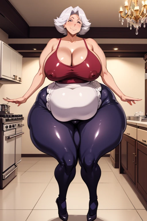 Mature granny  in kitchen ,  largest haunches ever, insanely inflated hips,  really large bosum, very large bosum, large, thick, large thighs, thick thigs, thicc,full body, voluptuous figure,ass focus , chandelier hanging from ceiling 