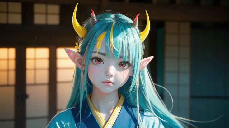 RAW, professional photograph, movie photograph, medium shot, Female elf, (((little yellow horns))), twenty years old, night, athletic body, soft facial features, long hair, straight hair, (((pacific cyan hair))), (((red eyes faded to yellow))), japanese fe...