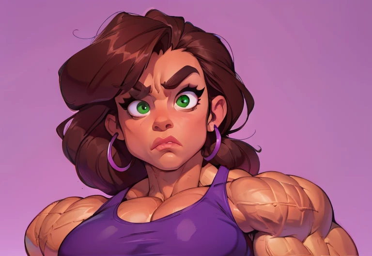 muscle woman with brunette hair wearing purple tank top, woman with huge muscles, stern expression, green eyes, angry expression