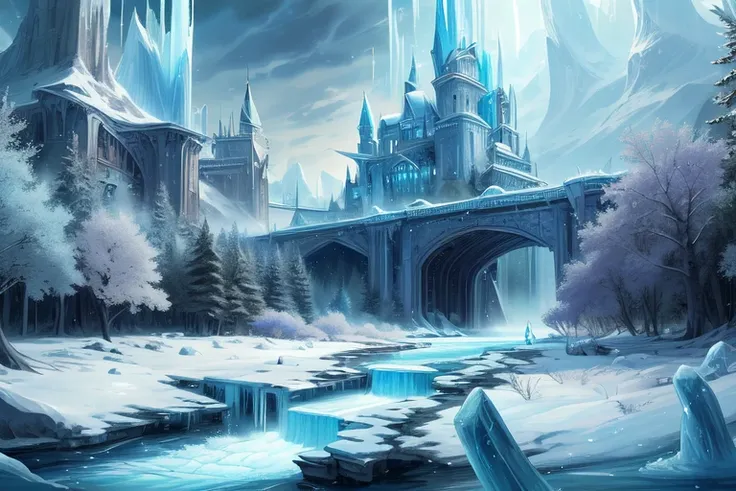 world office, frozen, marbled, fantasy, magic, forest landscape with frozen river,