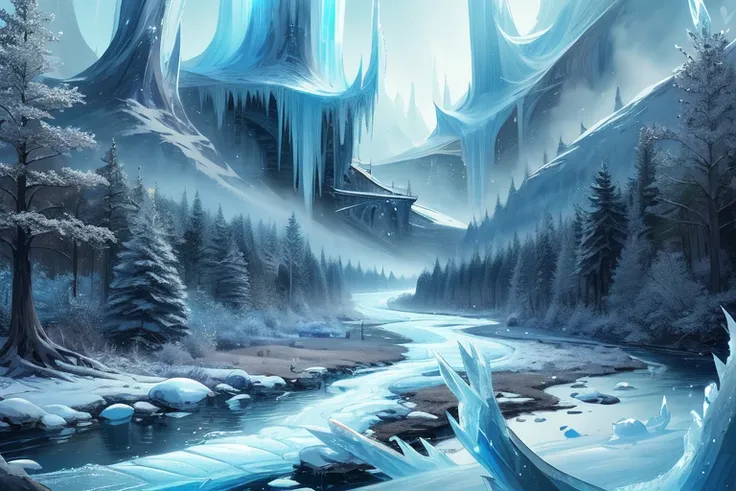 world office, frozen, marbled, fantasy, magic, forest landscape with frozen river,