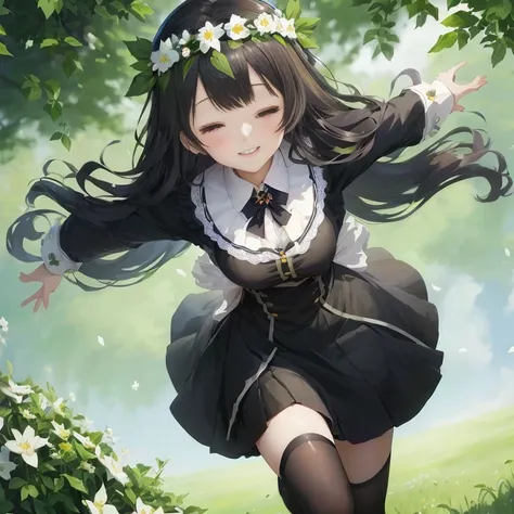 anime girl in a dress and flower crown running through a field, anime moe artstyle, marin kitagawa fanart,  in dress, [[[[grinning evily]]]], anime visual of a cute girl, from girls frontline, guweiz on pixiv artstation, girls frontline style, shikamimi, ,...