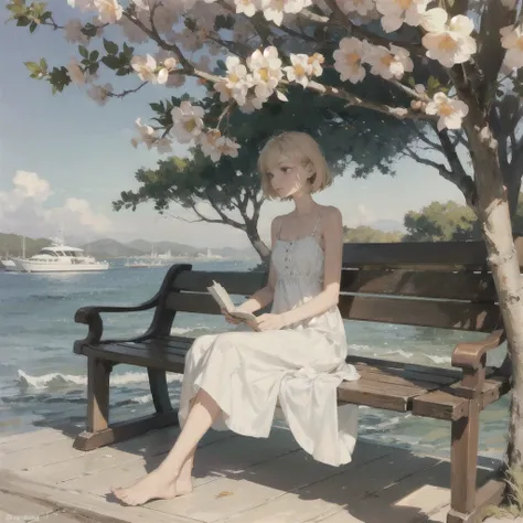 A gentle, slender, thin girl with an exquisite, perfect, very beautiful face of the southern type with large alien eyes in a light sundress, barefoot on the pier on benches, reading a book under a flowering tree, soft amber evening light, warm sun, gentle ...