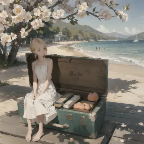 A gentle, slender, thin girl with an exquisite, perfect, very beautiful face of the southern type with large alien eyes in a light sundress, barefoot on the pier on benches, reading a book under a flowering tree, next to it is a small old suitcase, soft am...