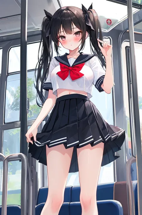 A girl，twintails，Long hair，Black Hair，((transparent))，Big tall breasts，Lolita skirt，Sailor Suit，Flowing fabric，Slim waist，Showing belly，Smooth legs，blush，On the bus，