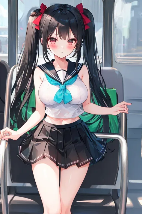 A girl，twintails，Long hair，Black Hair，((transparent))，Big tall breasts，Lolita skirt，Sleeveless sailor suit，Flowing fabric，Slim waist，Showing belly，Smooth legs，blush，On the bus，