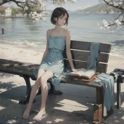 A gentle, slender, thin girl with an exquisite, perfect, very beautiful face of the southern type with large alien eyes with short brown hair in a light summer blue sundress, barefoot on the pier on benches, reading a book under a flowering tree, there is ...