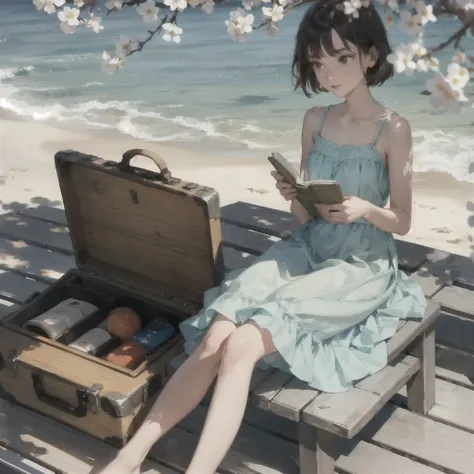 A gentle, slender, thin girl with an exquisite, perfect, very beautiful face of the southern type with large alien eyes with short brown hair in a light summer blue sundress, barefoot on the pier on benches, reading a book under a flowering tree, there is ...