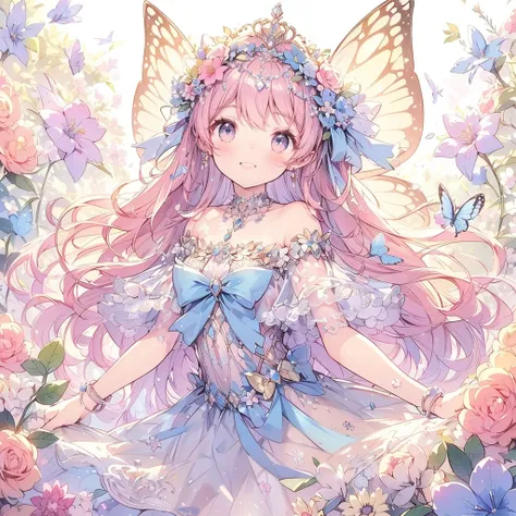 (Exquisite, beautiful, Very detailed, masterpiece, High resolution,high quality,High resolution),(Well-formed face,Soft and thin lines: 1.2, beautiful, Delicate and vivid illustrations with a mature and clear feel), A fairy princess with butterfly-like win...