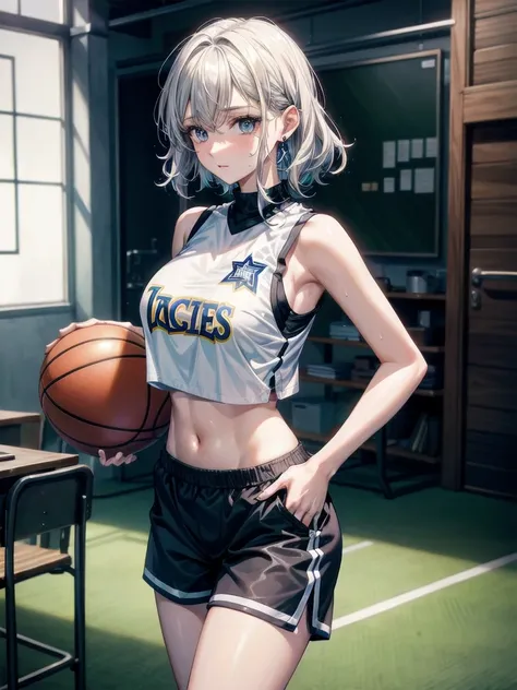 wet, basketball uniform, shorts, midriff, sleeveless, classroom, whole body shot, absurdres, RAW photo, extremely delicate and beautiful, masterpiece, Best Quality, ultra high resolution, 32k, hyperrealistic, ultra-detailed, detailed description, pale skin...