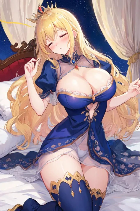 Fairy Tale Style，sleeping Beauty，A woman with big ，Beautiful princess，Long blond hair，Exquisite，(Super short)Nightdress，Cleavage，Slim waist，pubic，blush，bedroom，