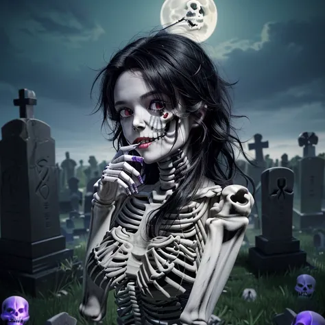 Masterpiece, best quality, 8K wallpaper, HDR, octane rendering. A girl in the cemetery summoning the dead)), ((smoke of green and purple magic in her hand)), wears a black hood, black shorts, tights, sitting on the tombstones, (((skeletons behind), (((skel...