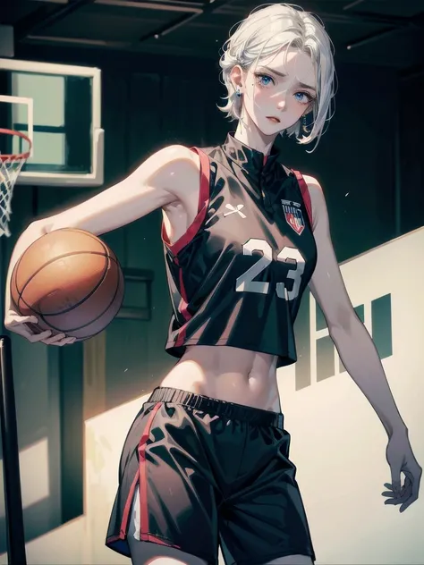 basketball uniform, shorts, midriff, sleeveless, absurdres, RAW photo, extremely delicate and beautiful, masterpiece, Best Quality, ultra high resolution, 32k, hyperrealistic, ultra-detailed, detailed description, pale skin, 20 years old, tearful mole, ear...