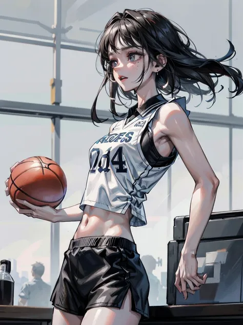 basketball uniform, shorts, midriff, sleeveless, absurdres, raw photo, extremely delicate and beautiful, masterpiece, best quali...