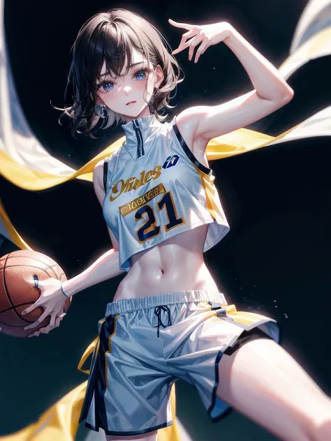 basketball uniform, shorts, midriff, sleeveless, absurdres, RAW photo, extremely delicate and beautiful, masterpiece, Best Quality, ultra high resolution, 32k, hyperrealistic, ultra-detailed, detailed description, pale skin, 20 years old, tearful mole, ear...