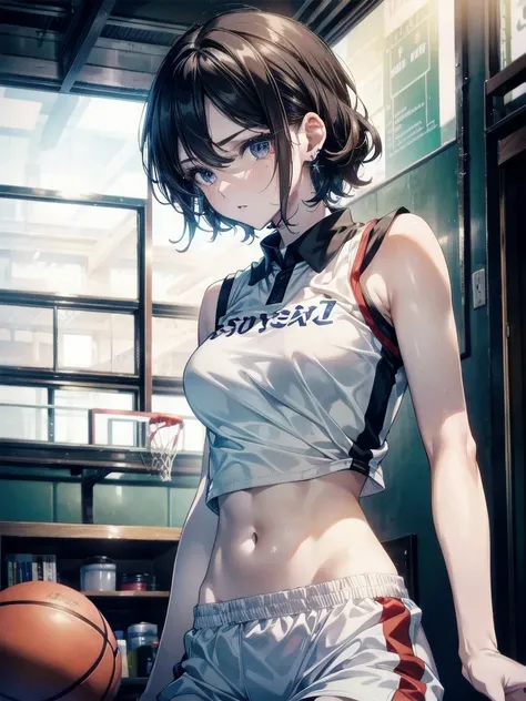 basketball uniform, shorts, midriff, sleeveless, absurdres, RAW photo, extremely delicate and beautiful, masterpiece, Best Quality, ultra high resolution, 32k, hyperrealistic, ultra-detailed, detailed description, pale skin, 20 years old, tearful mole, ear...