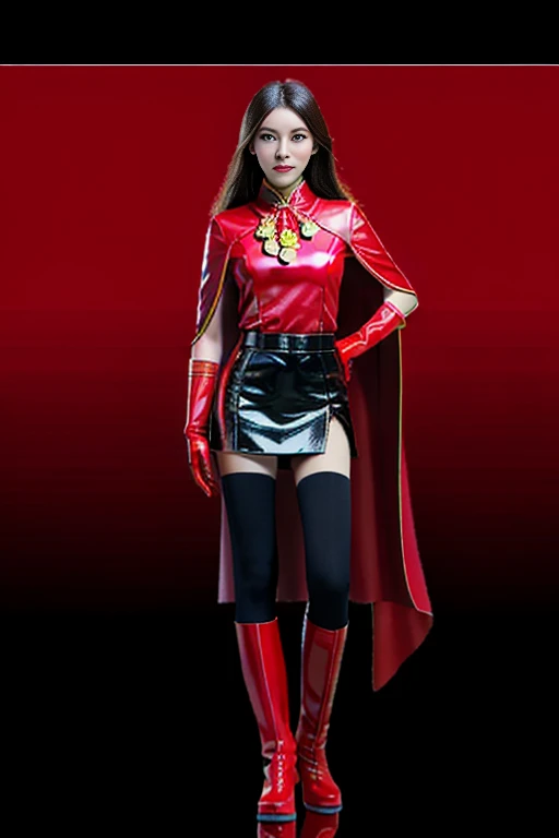 Ultra-clear and realistic
girl，Transform into a Chinese five-star red flag uniform，Red cape+Red gloves red flag pattern boots，，Superhero Five Star Flag Girl Power Full Body Stand Shooting