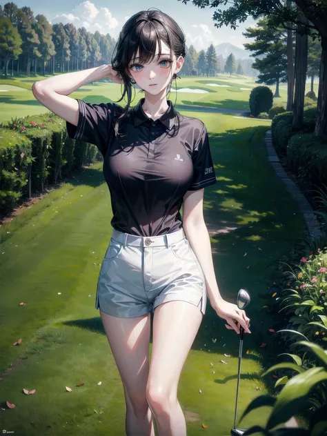 golf uniform, shorts, absurdres, RAW photo, extremely delicate and beautiful, masterpiece, Best Quality, ultra high resolution, 32k, hyperrealistic, ultra-detailed, detailed description, pale skin, 20 years old, tearful mole, earring, big tits, short mediu...