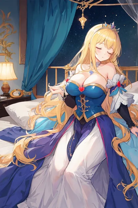 Fairy Tale Style，sleeping Beauty，A woman with big ，Long blond hair，Princess，transparent，pubic，weak，bedroom，