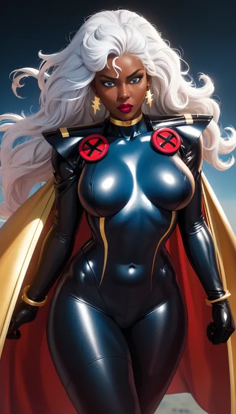 CARTOON_X_MENs_Storm,ownwaifu,
long hair,white hair,dark skin,dark-skinned female,breasts,lips,blue eyes,very dark skin,medium breasts,lipstick,floating hair,very long hair,makeup,big hair,curly hair,red lips,eyelashes,toned,
jewelry,earrings,cape,bracelet...